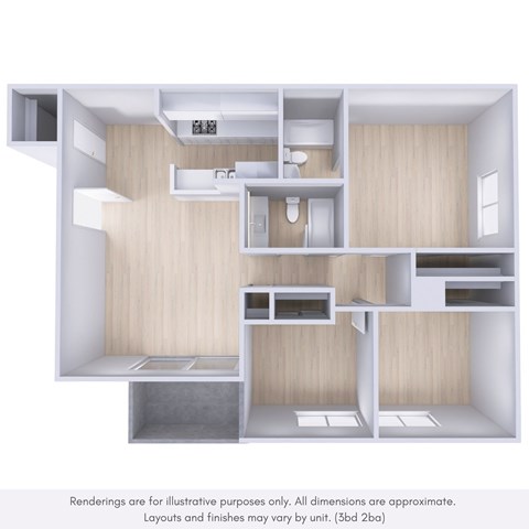 Floor plan for 3 beds, 2 baths, 1100 sqft